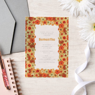 Groovy Retro Orange Hippie Flowers Bridal Shower Vellum Invitations