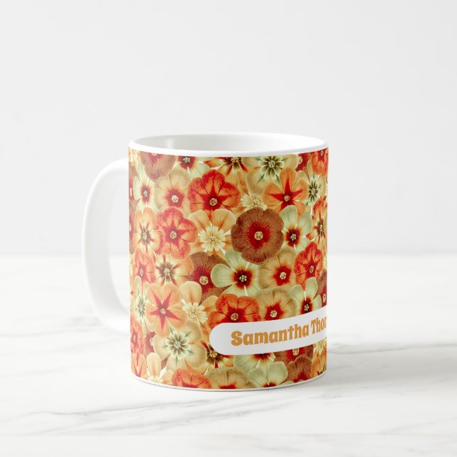 Groovy Retro Orange Hippie Flowers Custom Name Coffee Mug (Front Left)