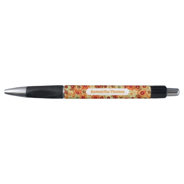 Groovy Retro Orange Hippie Flowers Custom Name Pen (Front)