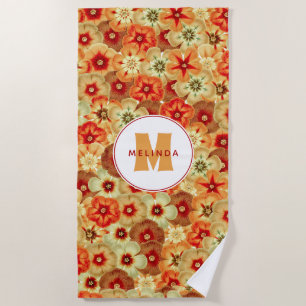 Groovy Retro Orange Hippie Flowers Monogram Beach Towel