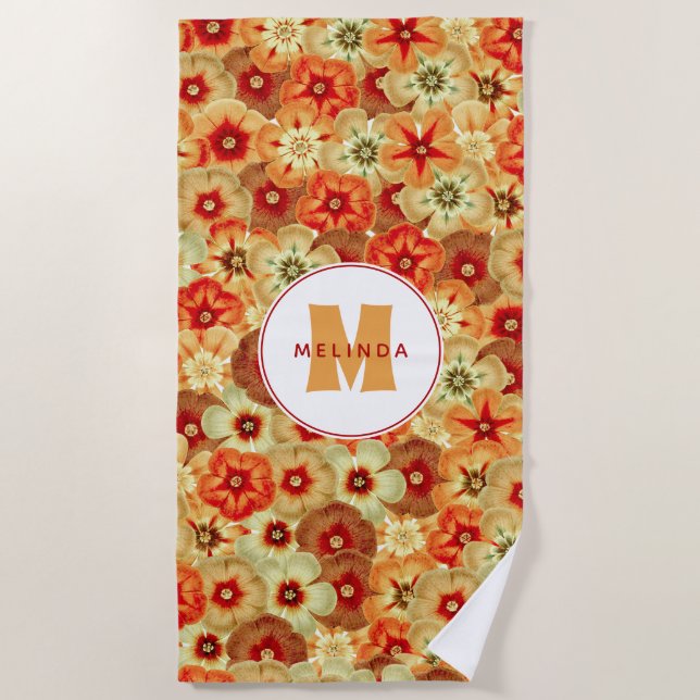 Groovy Retro Orange Hippie Flowers Monogram Beach Towel (Front)
