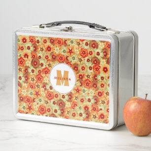 Groovy Retro Orange Hippie Flowers Monogram Metal Lunch Box