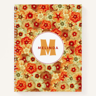 Groovy Retro Orange Hippie Flowers Monogram Notebook