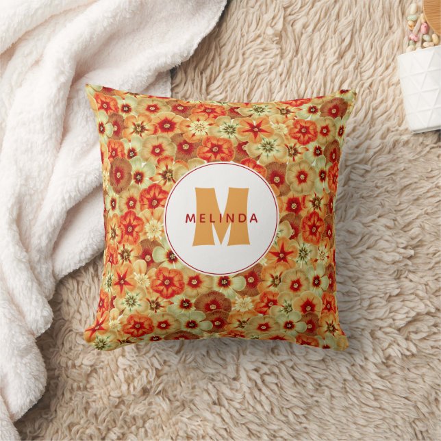 Groovy Retro Orange Hippie Flowers Monogram Throw Pillow (Blanket)