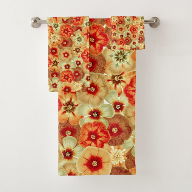 Groovy Retro Orange Hippie Flowers Pattern Bath Towel Set (Insitu)