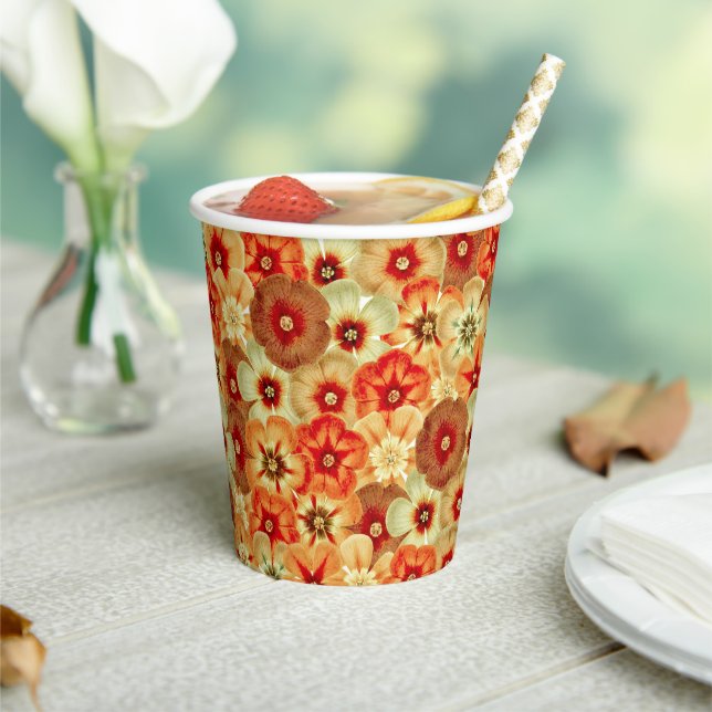 Groovy Retro Orange Hippie Flowers Pattern Paper Cups (Insitu)