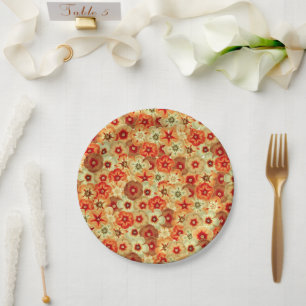 Groovy Retro Orange Hippie Flowers Pattern Paper Plate