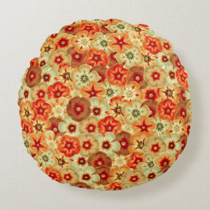 Groovy Retro Orange Hippie Flowers Pattern Round Pillow