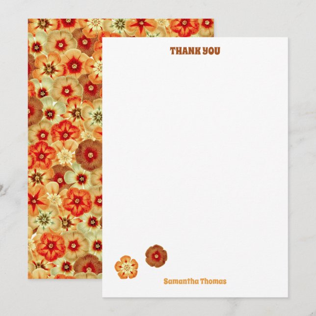Groovy Retro Orange Hippie Flowers Pattern Thank You Card (Front/Back)