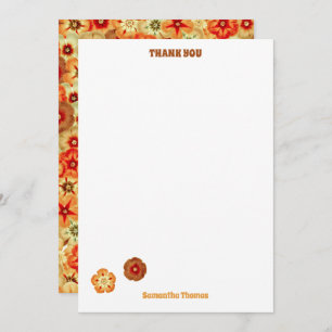 Groovy Retro Orange Hippie Flowers Pattern Thank You Card