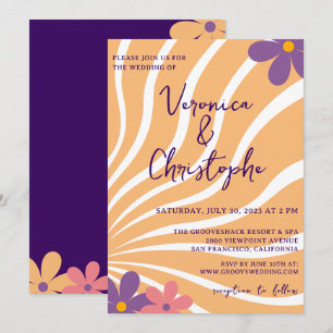 Groovy Retro Orange Purple Floral Wedding Invitation