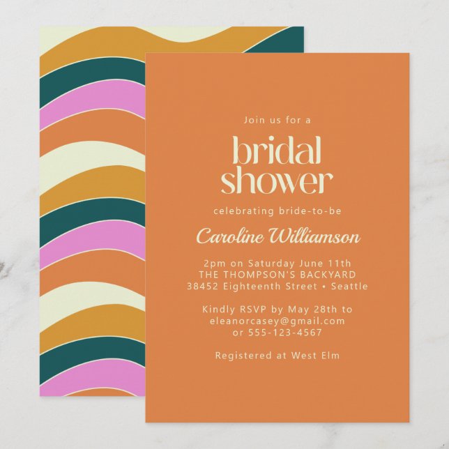 Groovy Retro Orange Wavy Lines Bridal Shower Invitation (Front/Back)