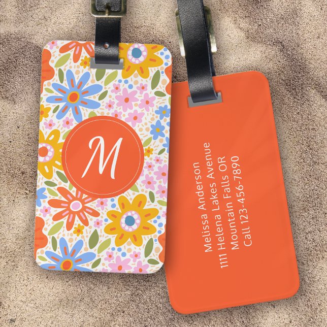 Groovy Retro Pattern Floral Monogram Luggage Tag (Creator Uploaded)