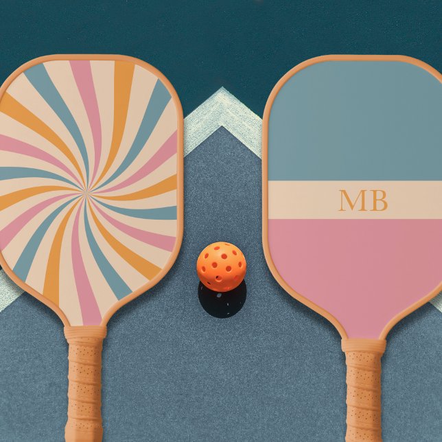 Groovy Retro Pattern Pink Blue Aesthetic Monogram Pickleball Paddle (Retro Vintage Groovy Monogrammed Pickleball Paddle - pink, blue, orange, beige)