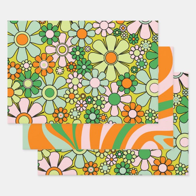 Groovy Retro Patterns 60s 70s Orange Green  Wrapping Paper Sheet (Set)