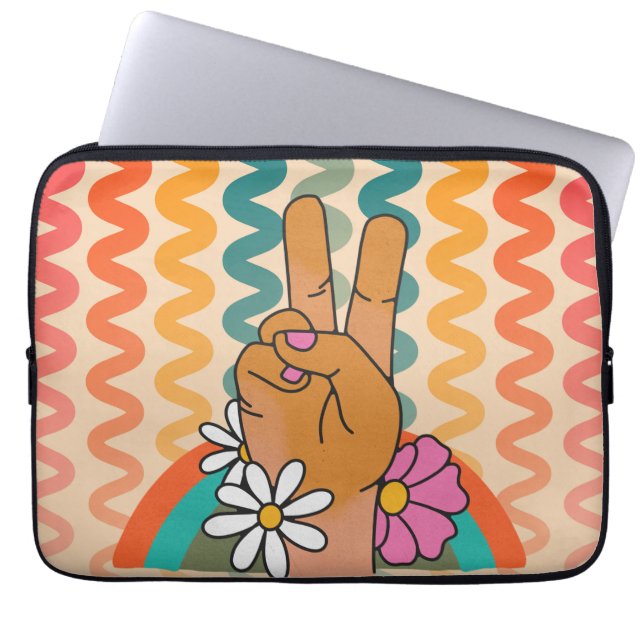 Groovy Retro Peace Sign Flower Rainbow iPad & Laptop Sleeve (Front)