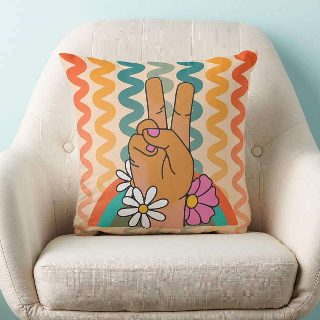 Groovy Retro Peace Sign Flower Rainbow Throw Pillow (Groovy Retro Peace Sign Flower Rainbow Throw Pillow teen girl college dorm room decor decorations)