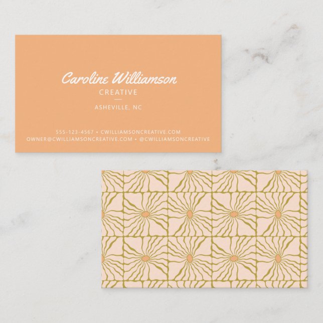 Groovy Retro Peach Pastel Botanical Trendy Business Card (Front/Back)