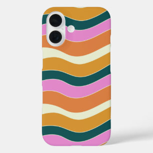 Groovy Retro Pink and Green Wavy Lines   iPhone 16 Case