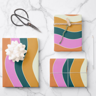 Groovy Retro Pink and Green Wavy Lines Wrapping Paper Sheet