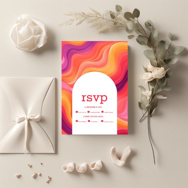 Groovy Retro Pink and Orange Arch Wedding RSVP Card (Creator Uploaded)