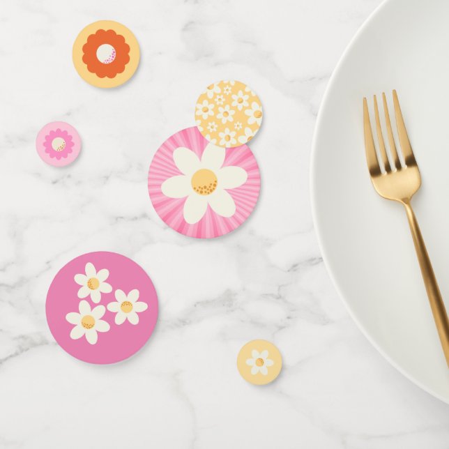 Groovy Retro Pink Daisy Table Confetti – Boho 1st  (Group)