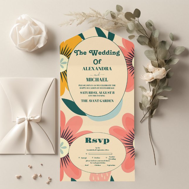 Groovy Retro Pink & Gold Wedding All In One Invitation (Creator Uploaded)