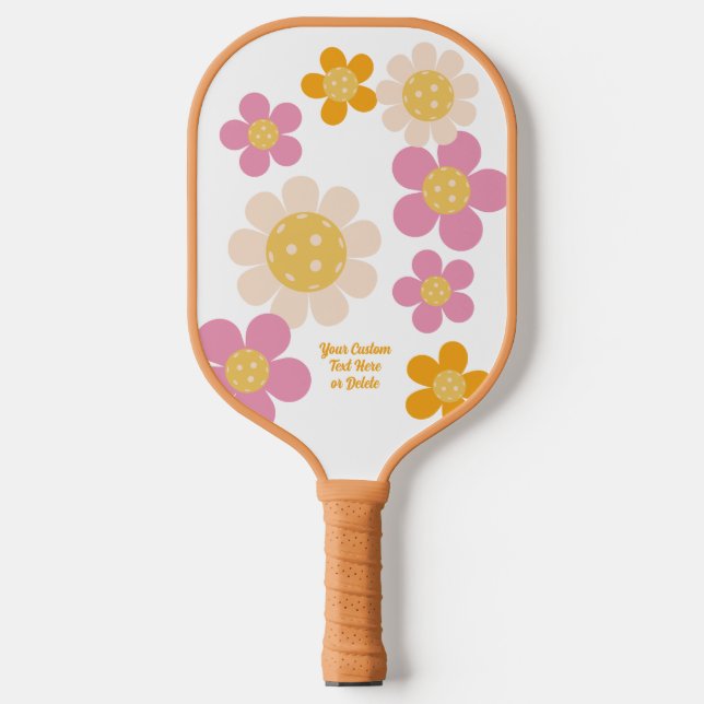 Groovy Retro Pink Orange Flowers Personalized Pickleball Paddle (Front)