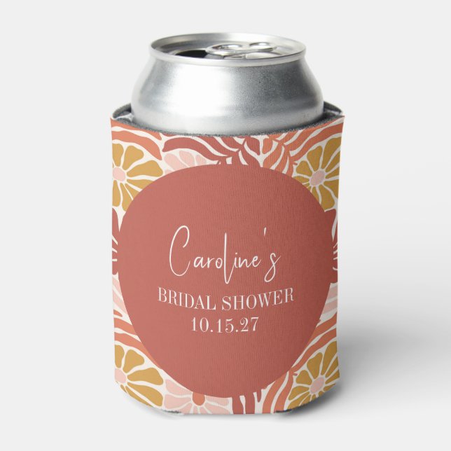 Groovy Retro Pink Rust Floral Custom Bridal Shower Can Cooler (Can Front)