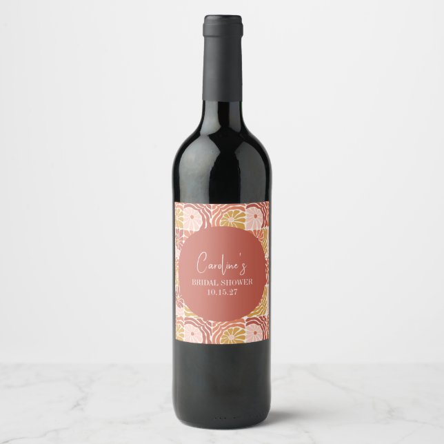 Groovy Retro Pink Rust Floral Custom Bridal Shower Wine Label (Front)