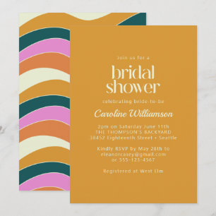 Groovy Retro Pink Yellow Wavy Lines Bridal Shower Invitation