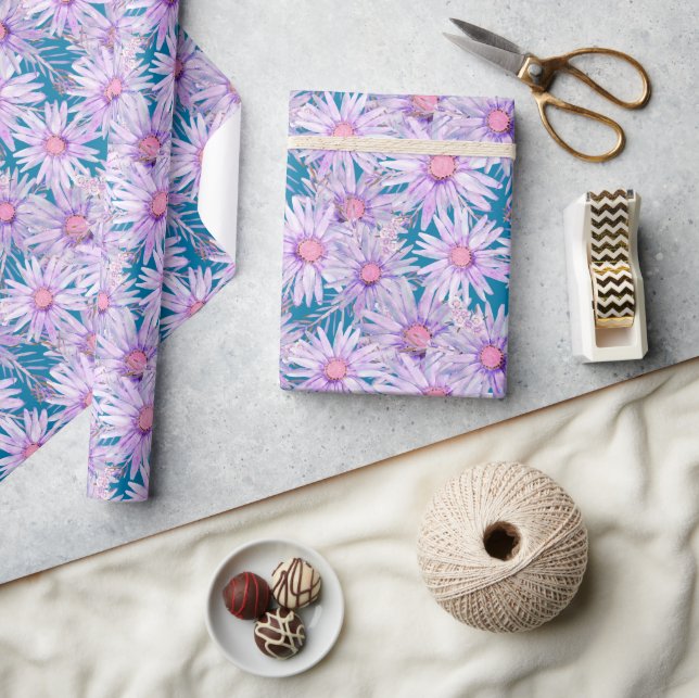 Groovy Retro Purple Daisy Pattern Wrapping Paper (Crafts)