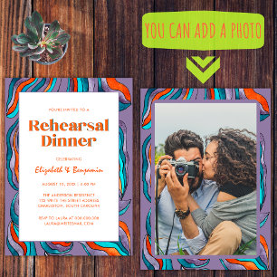 Groovy Retro Purple Photo Wedding Rehearsal Dinner Invitation