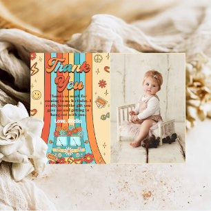 Groovy Retro Rainbow 1st Birthday Party Photo Thank You Card