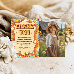 Groovy Retro Rainbow Birthday Party Photo Thank You Card