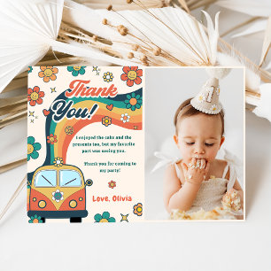 Groovy Retro Rainbow Birthday Photo Thank You Card