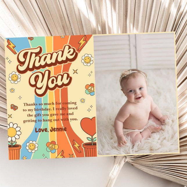 Groovy Retro Rainbow Birthday Photo Thank You Card (Creator Uploaded)