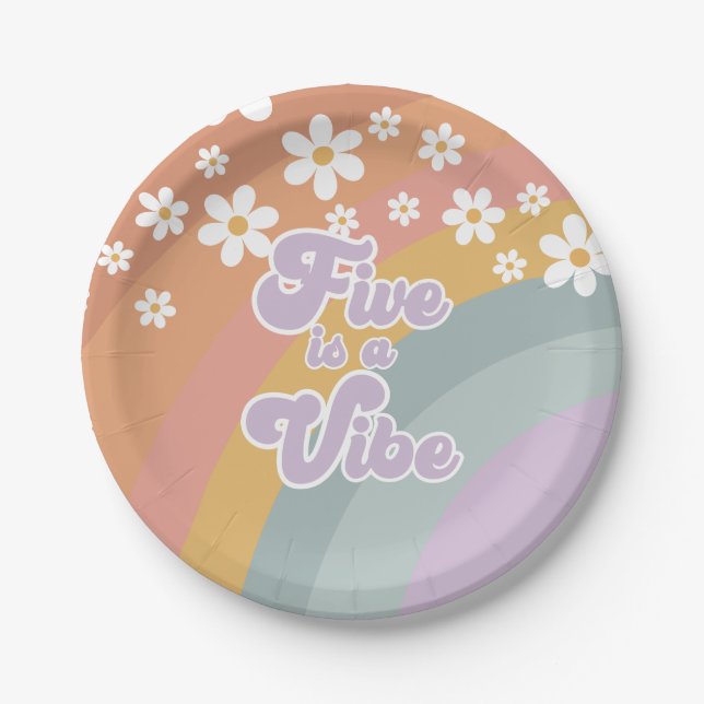 Groovy Retro Rainbow Five is a Vibe Paper Plate (Front)