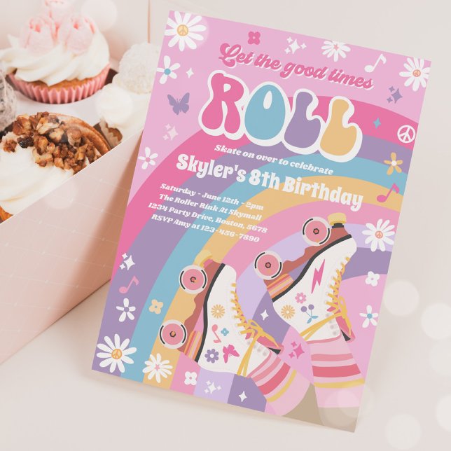 Groovy Retro Rainbow Roller Skating Birthday Party Invitation (Creator Uploaded)
