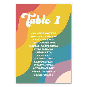 Groovy Retro Rainbow Table Number Guest Names Card