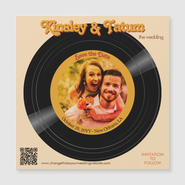 Groovy Retro Record Photo Magnet Save the Date QR (Front)