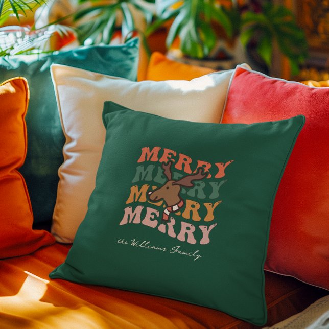 Groovy Retro Reindeer | Monogram Merry Christmas  Throw Pillow (Creator Uploaded)