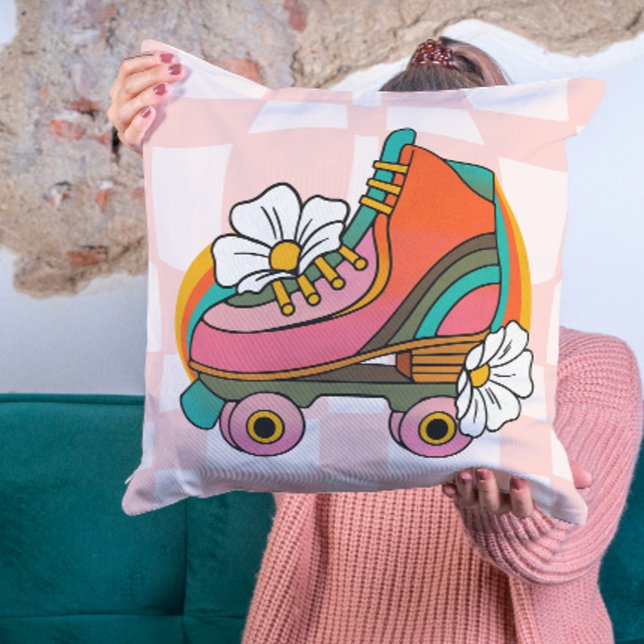 Groovy Retro Roller Skate 60s Hippie Rainbow Throw Pillow (Groovy Retro Roller Skate 60s Hippie Rainbow Throw Pillow teen college dorm room decor decoration)