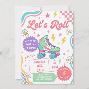 Groovy Retro Roller Skating Girls Birthday Party Invitation