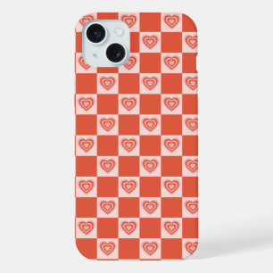 Groovy Retro Romantic Love Heart Red Chequerboard iPhone 15 Plus Case
