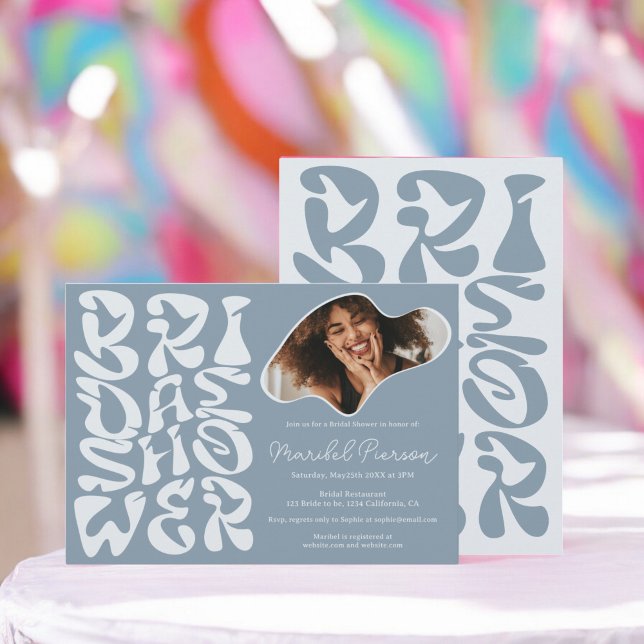 Groovy retro Script dusty blue Photo bridal shower Invitation (Groovy retro Script dusty blue Photo bridal shower Invitation)