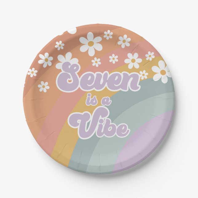 Groovy Retro seven is a Vibe Rainbow Paper Plate (Front)