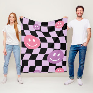 Groovy Retro Smiley Checkerboard, Y2K 90s   Fleece Blanket