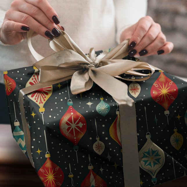 Groovy Retro Snowy Night Christmas Ornaments Wrapping Paper (Creator Uploaded)