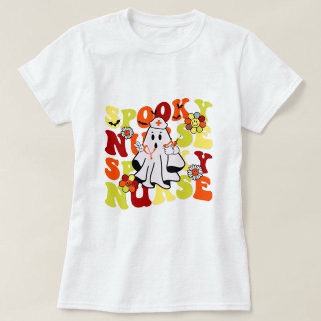 Groovy Retro Spooky Nurse Ghost Halloween T-Shirt (Design Front)